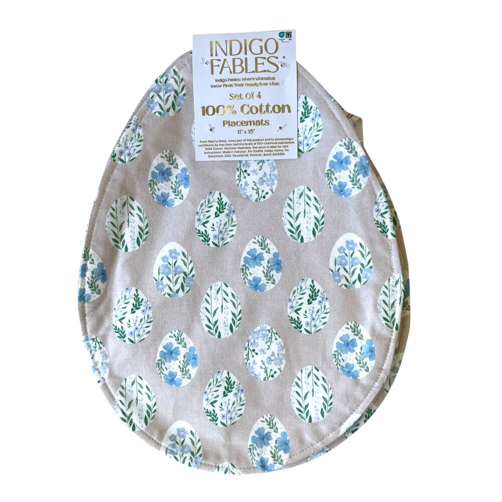 Indigo Floral Easter Egg Shaped Placemats 11x15 Cotton Blue Green Grey NEW
